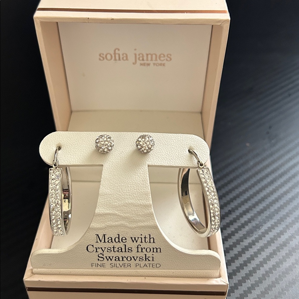 NWOT Sofia James White Crystal Earrings — Silver Plated Swarovski Studs set of 2